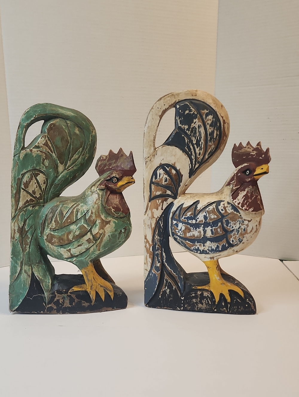 2 Hand-Carved Wooden Decorative Rooster Statues - Green & Cream